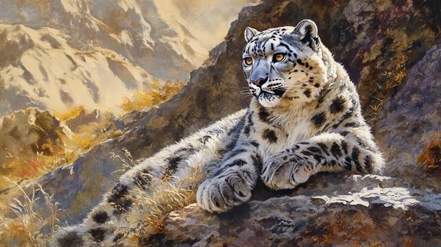 Snow leopards are captivating predators adorned with watercolor-like fur. Their elusive nature amidst the rugged wilderness makes them both intriguing and elusive denizens of the animal kingdom. 