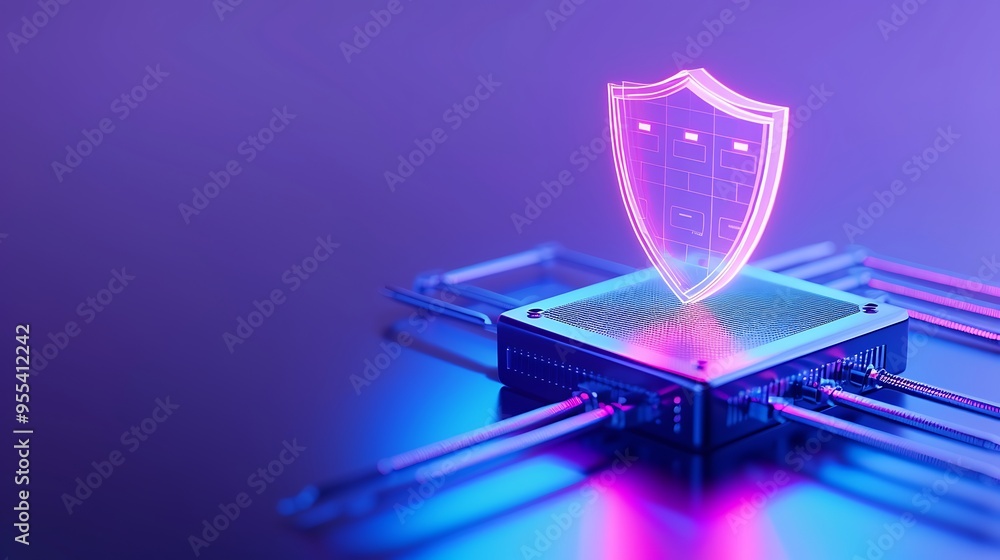 Poster futuristic cybersecurity concept with a glowing shield hologram over microchip, symbolizing data pro
