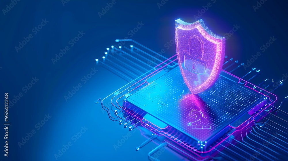 Poster futuristic cybersecurity concept with a glowing shield and circuit board, representing data protecti
