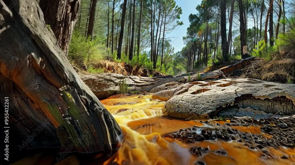 Poster exploring a serene forest stream with vibrant orange waters flowing beneath towering trees