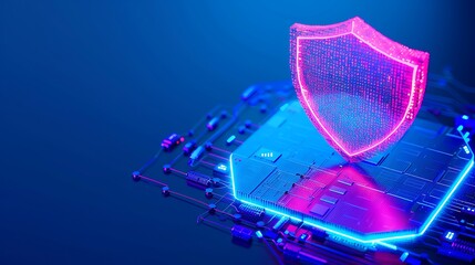 Futuristic cybersecurity concept with a glowing digital shield protecting a microchip on a dark blue background.