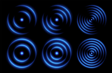 Sonic wave light effect, wireless network signal icons, glowing scanning concept. Sensor or echo neon effects. Vector illustration.