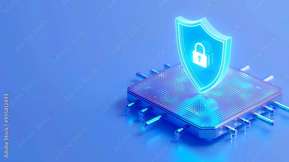 Poster futuristic cybersecurity concept with a glowing shield icon and secure lock on a computer chip, symb