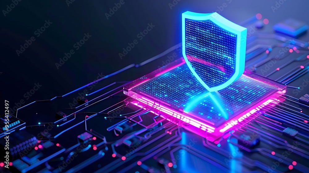 Poster futuristic cybersecurity concept with a glowing shield on a microchip, representing data protection 