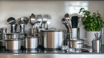 A well-organized kitchen scene showcasing stainless steel pots, pans, and utensils neatly arranged on a sleek countertop, ready for culinary adventures.