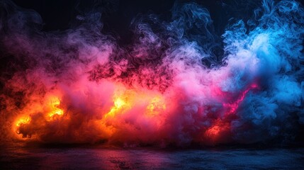 Background of an empty room with smoke and neon light. Dark abstract background