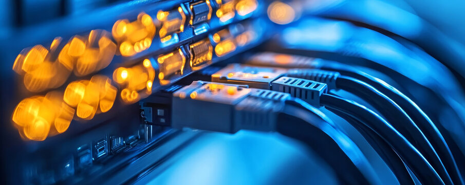 Neatly bundled Ethernet cables connect to network switch, illuminated by glowing orange lights, showcasing modern data center environment.