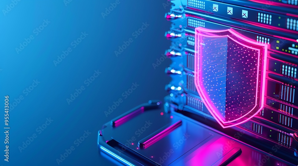 Poster futuristic cybersecurity concept with glowing shield and server rack, symbolizing protection of data