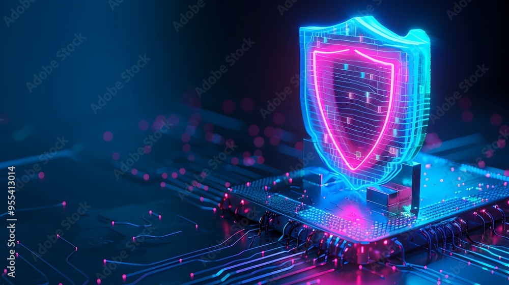 Poster futuristic cybersecurity concept with glowing shield hologram on a microchip, representing data prot