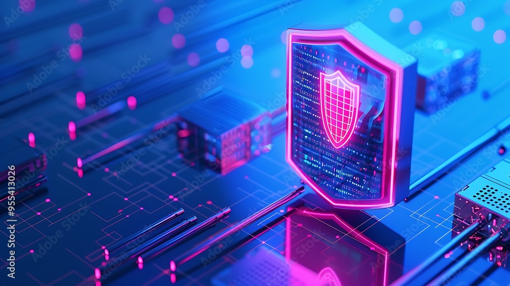 Poster futuristic cybersecurity concept with glowing shield icon on circuit board background, representing 
