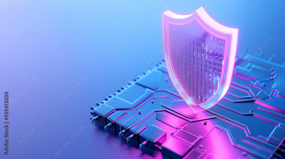 Poster futuristic cybersecurity concept with glowing shield icon on a microchip, symbolizing digital protec