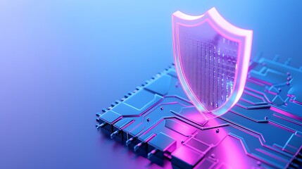 Futuristic cybersecurity concept with glowing shield icon on a microchip, symbolizing digital protection and advanced technology.