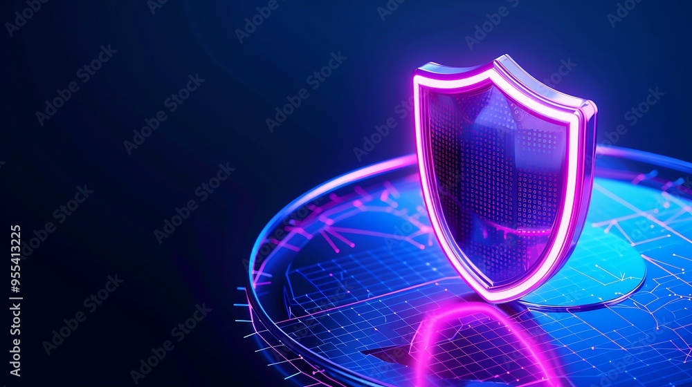 Poster futuristic cybersecurity concept with glowing shield icon on digital interface background representi