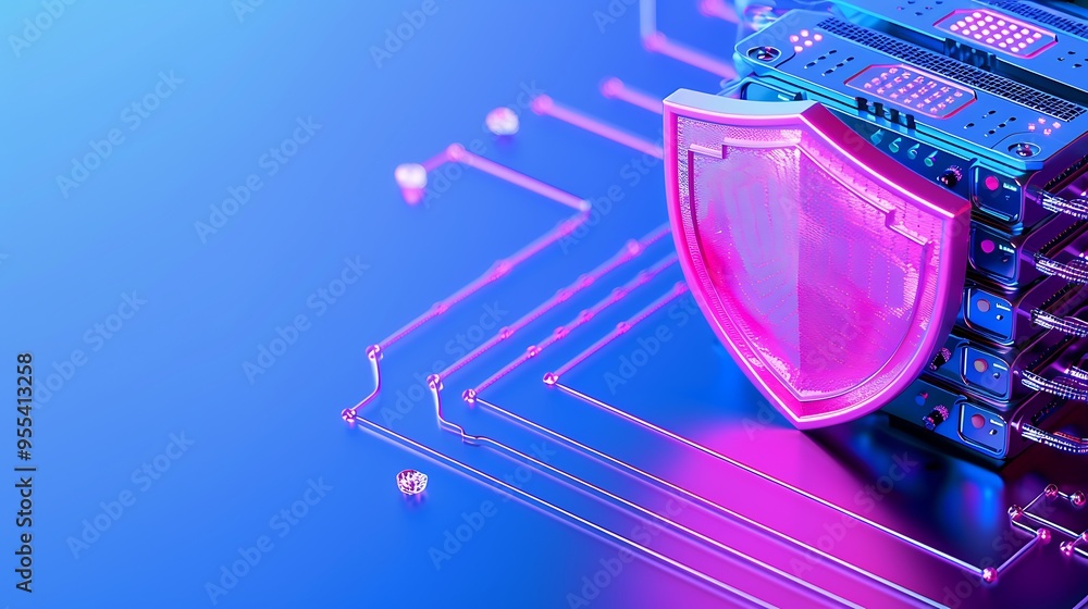 Aufkleber futuristic cybersecurity concept with glowing shield icon over server rack background. data protecti