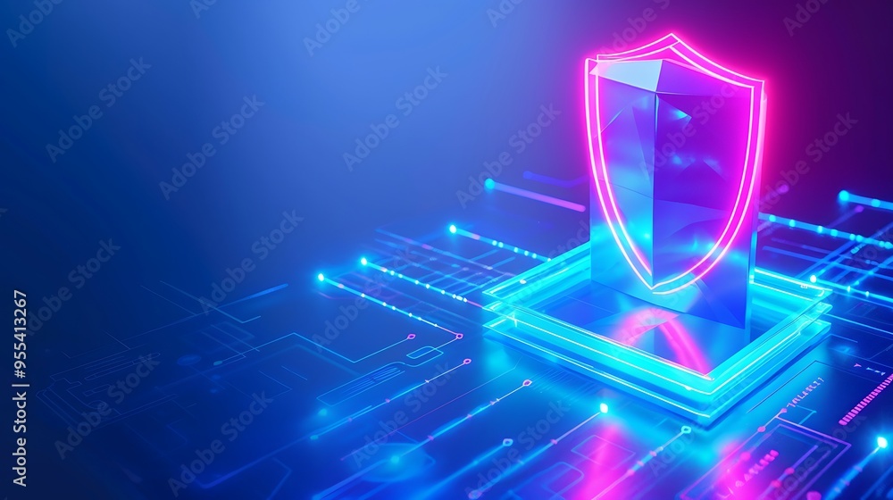 Poster futuristic cybersecurity concept with neon shield on digital background representing data protection
