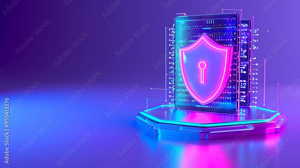 Poster futuristic cybersecurity illustration with neon shield and data stacks depicting data protection and