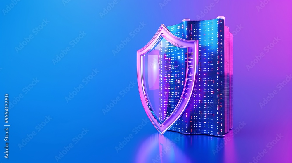 Poster futuristic cybersecurity concept with shield icon protecting server data. illustrating data privacy,