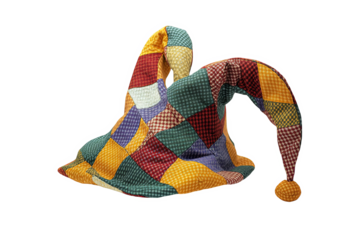 A colorful, patched jester's hat with a bell on the end of the point.