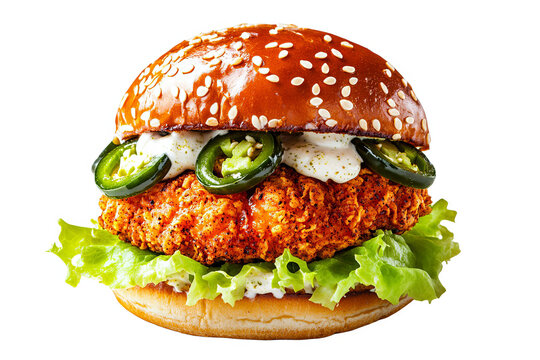 Close-up of a crispy fried chicken sandwich with jalapenos, lettuce, and creamy sauce on a sesame seed bun.