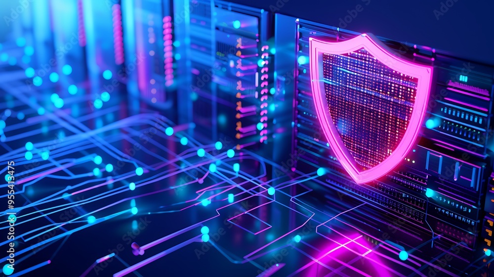Poster futuristic cybersecurity shield, protecting digital data and networks with high-tech defense systems