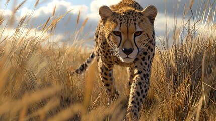 Cheetah digitally rendered stalking prey on the savanna.