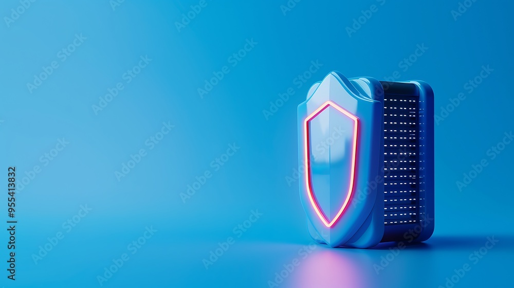 Poster futuristic data security concept with digital shield protecting data center on blue background. cybe