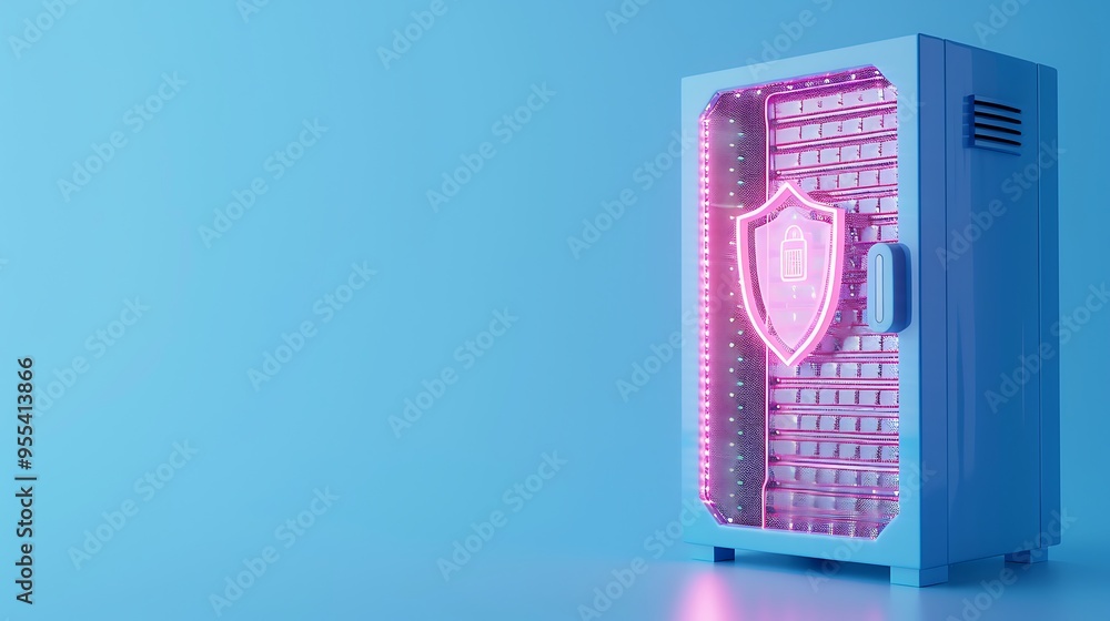 Poster futuristic data security concept with glowing shield on blue server. digital protection and cybersec