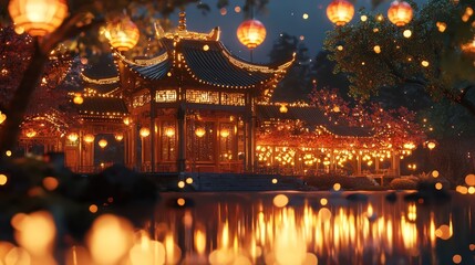 Chinese Temple at Lantern Festival: Illuminated temple with traditional lanterns for the Mid-Autumn Festival.