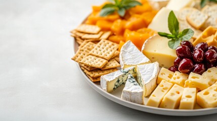 A high-quality stock image of a plate of assorted cheeses and crackers on the right side, leaving space on the left for text. Perfect for cheese platters, appetizers, and culinary promotions.