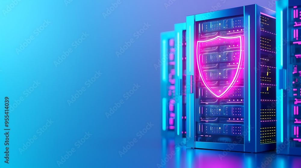 Aufkleber futuristic data server technology protected by a neon shield, showcasing advanced cybersecurity in a