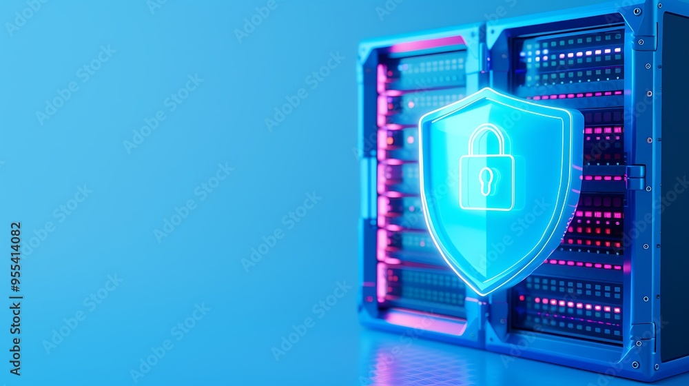 Poster futuristic data server with a glowing lock shield representing cybersecurity and data protection on 