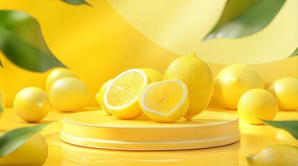 Minimalistic yellow pedestal surrounded by fresh lemons and green leaves, bright and vibrant display
