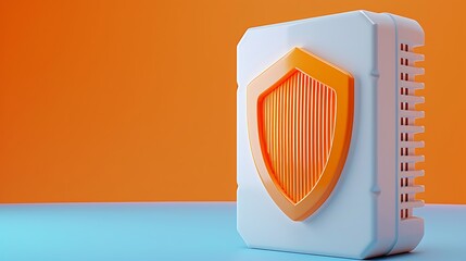 Futuristic data server concept with an orange shield symbolizing cybersecurity and protection, set against a vibrant orange and blue background.