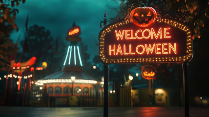 sign of "WELCOME HALLOWEEN" big banner in front of amusement park. concept of halloween theme