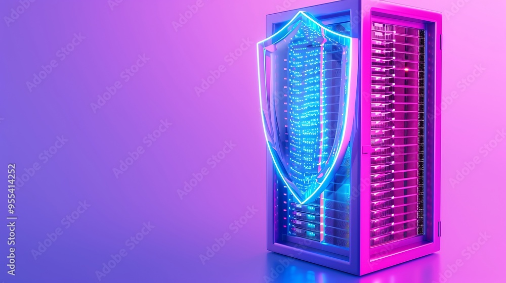 Poster futuristic data server with neon lights and a shield, representing cybersecurity and data protection
