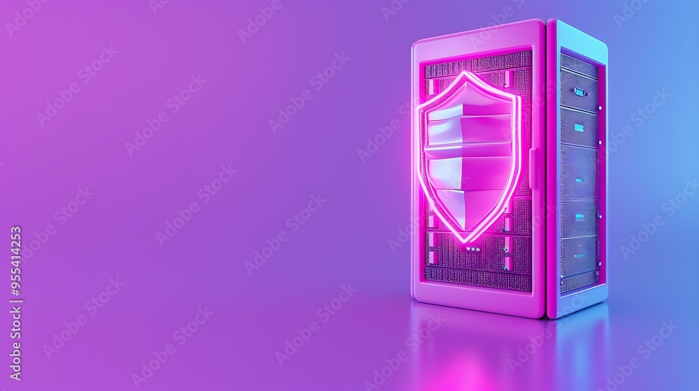 Poster futuristic data server with neon shield icon, illustrating cybersecurity and data protection on a pu