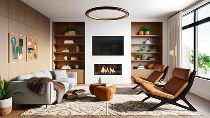 Design a contemporary living room that balances comfort and style, with a serene and inviting atmosphere