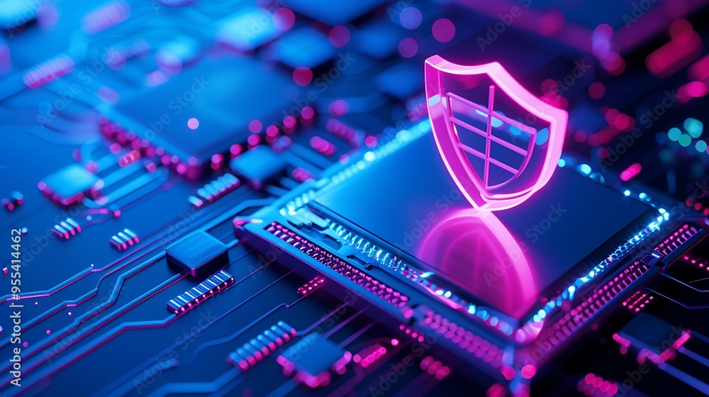 Poster futuristic digital circuit board with glowing security shield symbolizes cybersecurity and data prot
