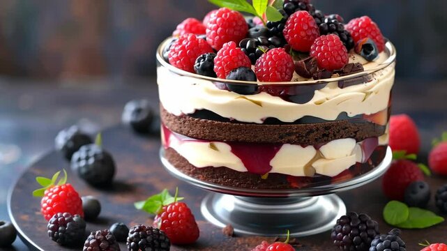 Delicious berry trifle with layers of chocolate, cream, and fresh fruits made in a classic dessert style