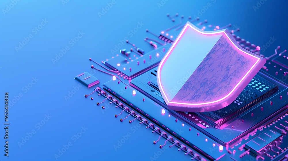 Poster futuristic digital firewall with glowing shield graphic representing cyber security on a blue techno