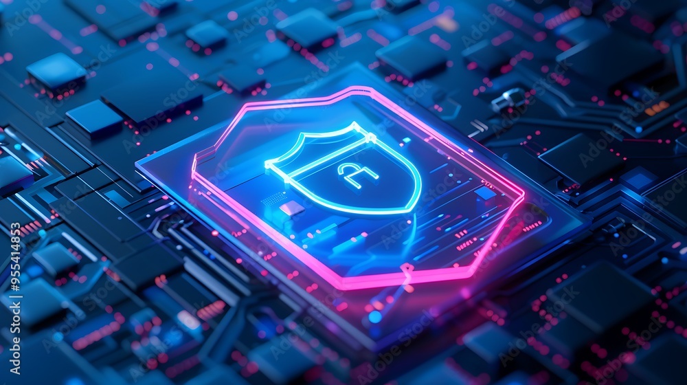 Poster futuristic digital password protection with a glowing lock icon on an advanced microchip, symbolizin