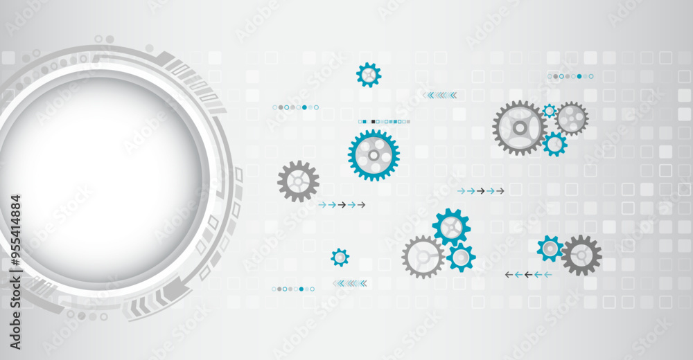 Poster Futuristic high tech concept. Business and industry internet banner. The mechanism consisting of gears on a grey background for the presentation. Cogwheel for science experiment presentation.