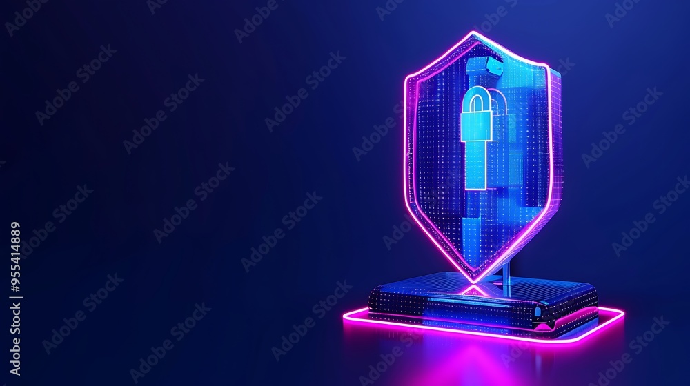 Poster futuristic digital protection with a neon glowing shield and lock symbol for cybersecurity, data pri