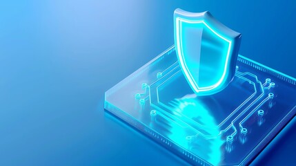 Futuristic digital security. Glowing blue shield icon hovering over a neon circuit board on a blue background representing cybersecurity.