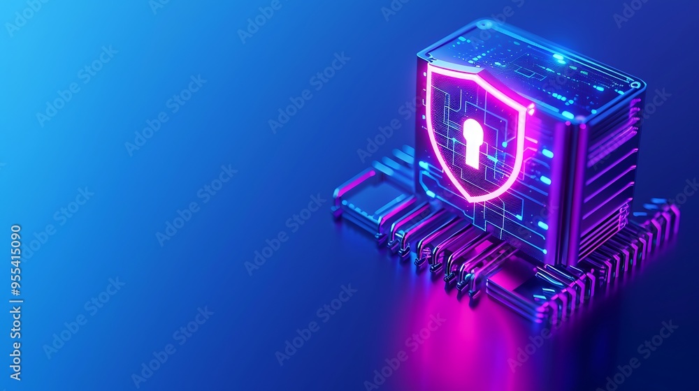 Poster futuristic digital security concept with a glowing lock icon on electronic microchip. data protectio