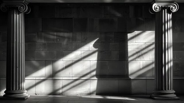 Classical stone columns with dramatic shadows on a wall