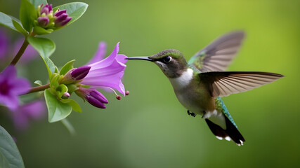 Ruby Throated Hummingbird Feeding on Honeysuckle Flowers in Summer.