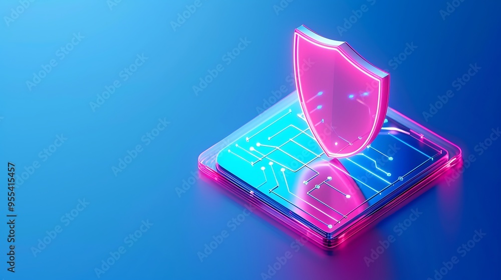 Poster futuristic digital security concept with a glowing shield symbol over a microchip on a blue backgrou