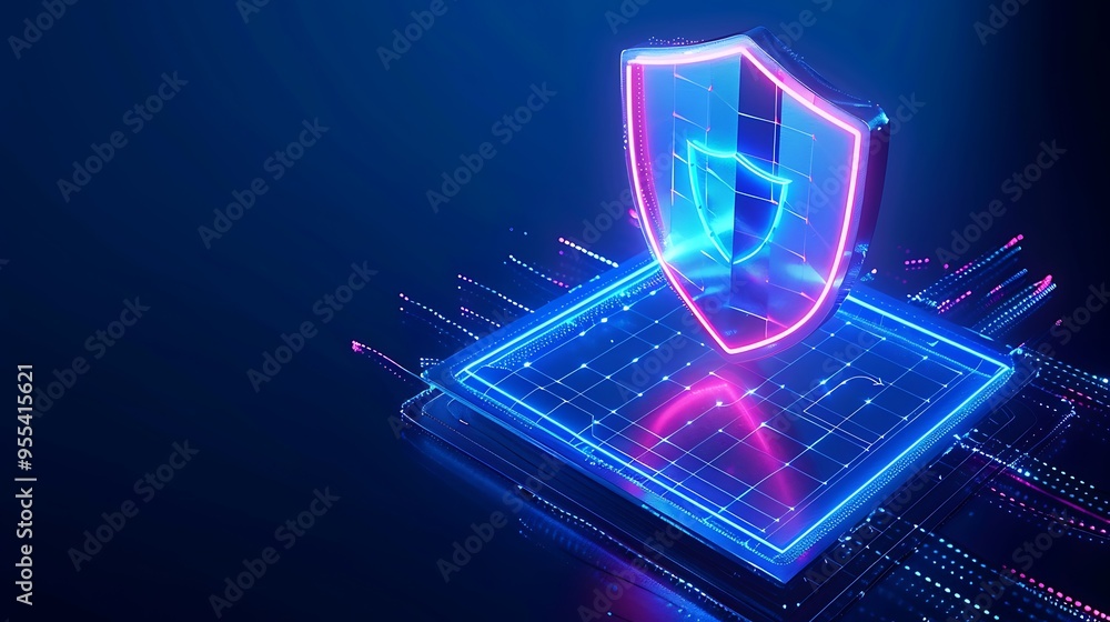 Poster futuristic digital security concept with glowing shield icon on a circuit board, representing data p