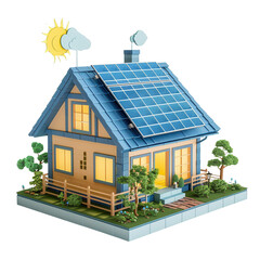 Illustration of an eco-friendly house with solar panels and lush garden, promoting sustainable living and renewable energy.